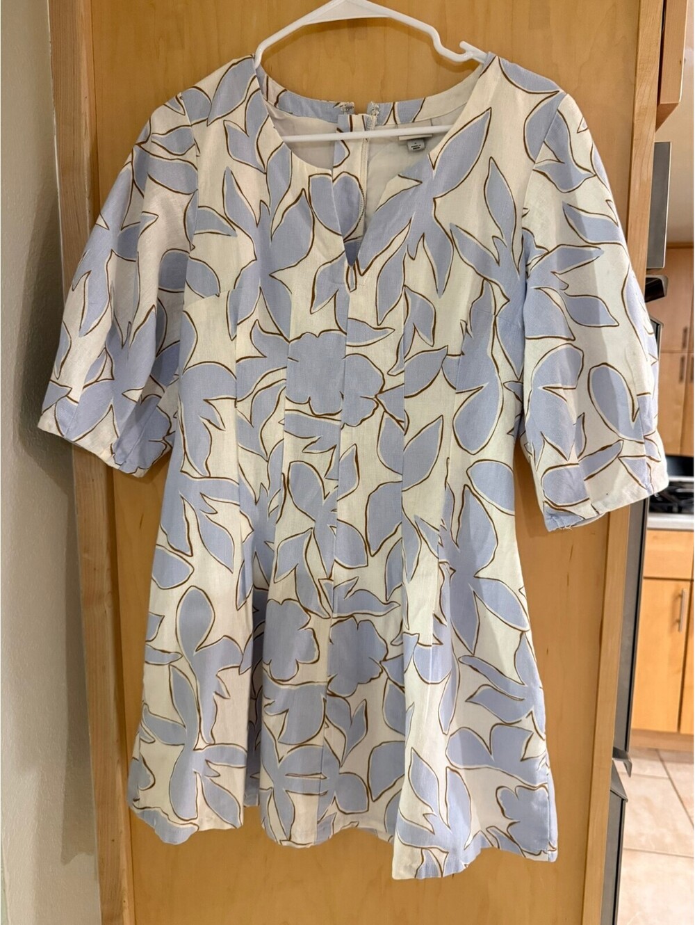 A New Day Women's Size 4 Blue Floral Fit & Flare Mini Dress Split Neck Ivory